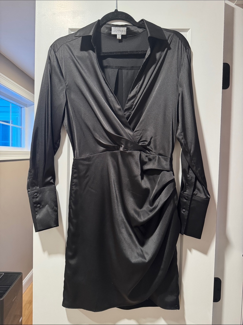 Lucy Paris Black Satin Wrap-Style Long Sleeve Dress small NWOT